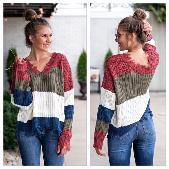 SALE Olive & Ivory Distressed Color Block Sweater - Picture 3 of 5